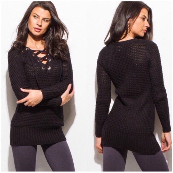 Plus Size Lace Up Open Knit Sweater - Picture 2 of 3
